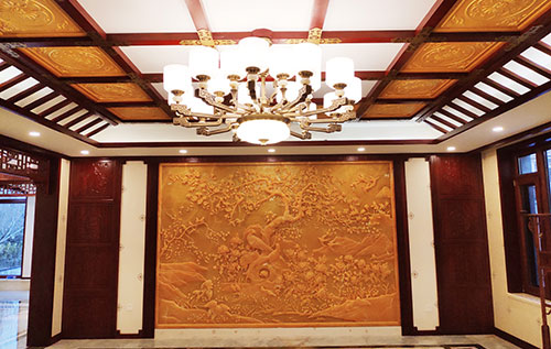 荔湾中式别墅客厅中式木作横梁吊顶装饰展示
